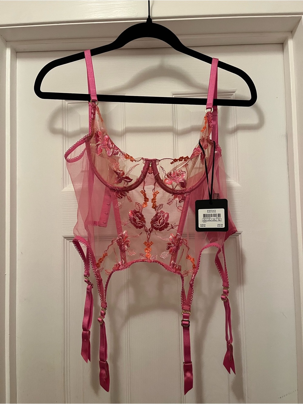 Honey Birdette Pink Whitney Sheer Corset Bra Top 32DD with Stockings